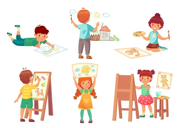 子供のイラストレーターを描く キャンバス上の水彩画やクレヨンで家 虹や猫を描く小さな男の子と女の子 趣味や活動の隔離されたベクトルセットを持つ幼稚園のキャラクター — ストックベクタ