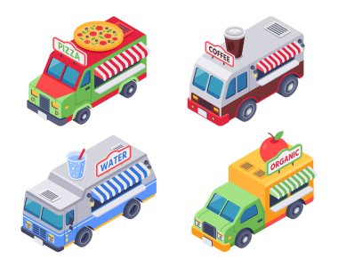 Isometric yemek kamyonları pizza, sıcak kahve, su, organik sebze ve meyve satıyor. Atıştırmalıklar ve içecekler dışarıda satılıyor. Araba araçlarında yiyecek servisi, sokak yemekleri izole edilmiş vektör seti