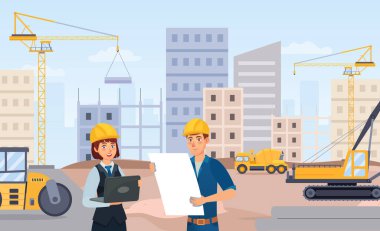 Menajer ve mimar kağıt üzerinde proje tartışıyorlar. İnşaat alanında kask takan ve apartman bloklarının önünde duran insanlar. Mühendislik planı vektör çizimi