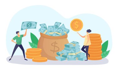Küçük insanlar para dolu çuvalın içine bozuk para ve dolar koyuyorlar. Kadın ve erkek para biriktiriyor ya da para yatırıyor. İş vektörü illüstrasyonundan gelir elde eden kadın ve erkek karakterler