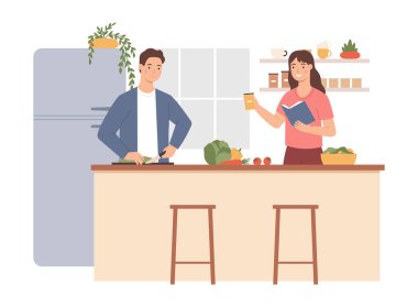 İnsanlar evde yemek yapıyor. Erkek sebze kesiyor, kadın baharat veriyor ve yemek tarifi kitabı okuyor. İçinde salata, havuç, domates ve lahana olan bir kâse.