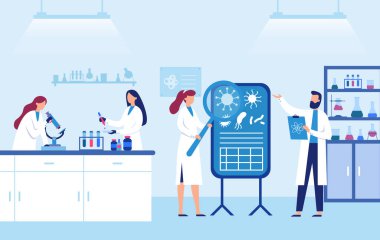 Bilim adamları laboratuarda çalışır. Beyaz önlüklü kadın ve erkek laboratuvar çalışanları büyüteçle virüs elementlerini araştırıyorlar. Mikroskoba bakan kimyagerler, test tüpleri taşıyıcı tutuyorlar