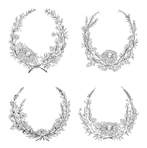 Cadres Floraux Ronds Dessinés Main Couronnes Botaniques Décorées Feuilles Branches — Image vectorielle