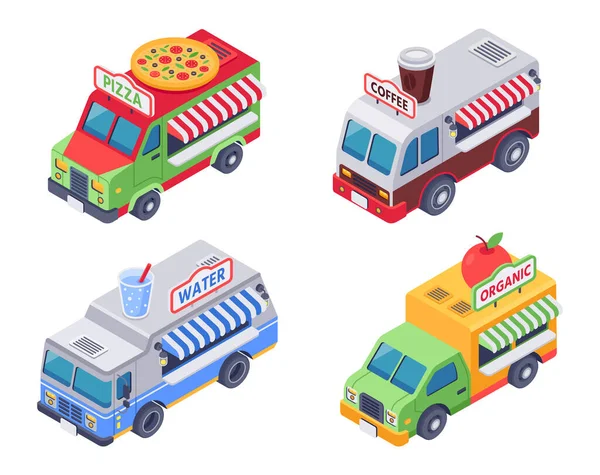 Izometryczne Ciężarówki Sprzedające Pizzę Gorącą Kawę Wodę Organiczne Warzywa Owoce — Wektor stockowy