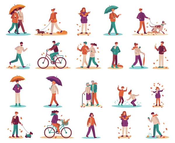人们在秋雨下散步 男人和女人带着雨伞走 夫妇们在户外消磨时间喝咖啡 女孩和男孩骑自行车 孩子们跳划桨矢量 — 图库矢量图片