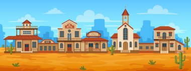 Batı kasaba sokağı. Eski ahşap binalarla vahşi batı manzarası, kırsal şehir manzarası banka oteli kovboy barları. Vektör çizimi. Kilise ve eczane inşaat cephesi