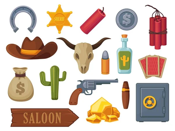 Cartoon Wild West Icons Cowboy Cactus Rodeo Saddle Lasso Guitar — Stock Vector