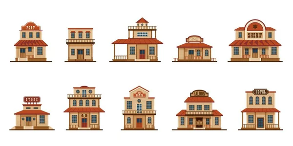 Cartoon Western Buildings Wild West Traditional Country Houses Old American — Stock Vector