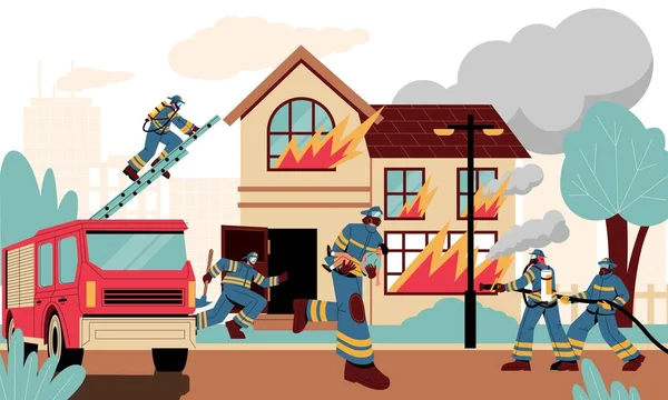 燃える家での消防士 消防士はホースで消防施設を消火し 消防車の救急隊員は火災から人々を救助する ベクトルイラスト 装備を揃えたチーム — ストックベクタ