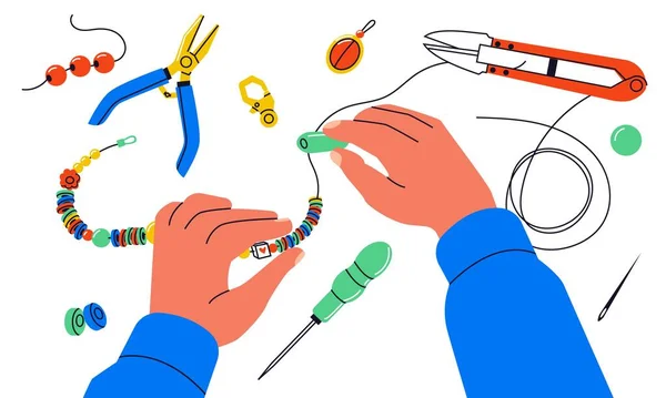 Schmuck Werkstatt Bunte Perlen Ersatzteile Armbänder Halskette Mit Werkzeugen Cartoon — Stockvektor
