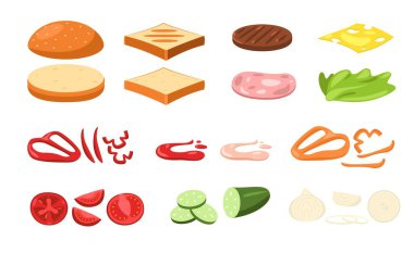 Sandviç malzemeleri. Çizgi film sağlıklı tost, doğranmış organik sebzeler, dilimlenmiş sebzeli fast food, peynirli marul sosu. Vektör ayarlandı. Fast food Amerikan burger üreticisi.
