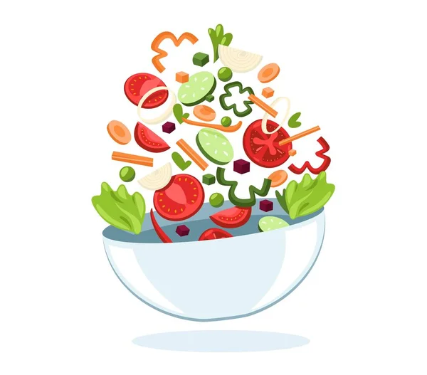 有飞菜的碗新鲜健康的菜式配以有机沙拉素食 卡通平面有机配料配菜 矢量图解 切碎切碎的蔬菜 — 图库矢量图片