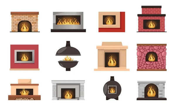Fireplaces Warm Cozy House Interior Decoration Stove Firewood Flames Home — Stock Vector
