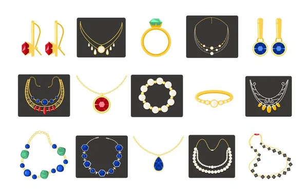 Aksesoris Perhiasan Wanita Mode Gelang Kalung Emas Perak Cincin Dengan - Stok Vektor