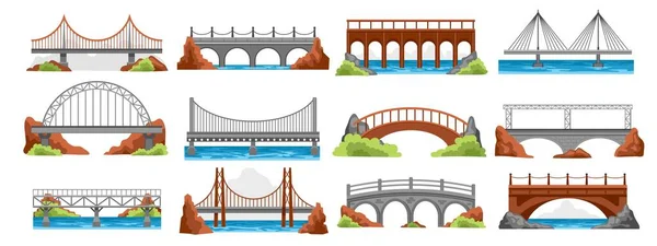 Architettura Del Ponte Dei Cartoni Animati Sospensione Fiume Che Attraversa — Vettoriale Stock