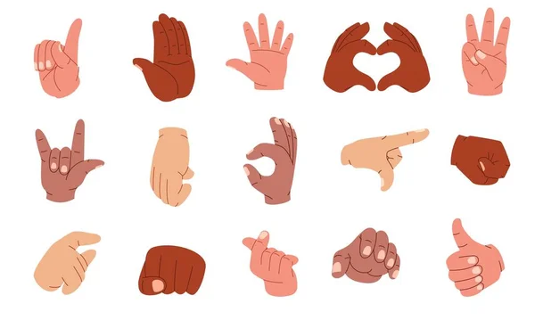 Mãos Humanas Desenhos Animados Gestos Com Dedos Apontantes Punhos Apertados —  Vetores de Stock