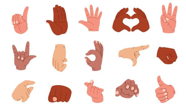 Cartoon human hands. Gestures with pointing fingers clenched fists okay sign handshake forefinger touch, body language expression. Vector flat set. Showing thumb up, okay and rock symbol