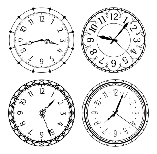 Antique Clocks Arabic Numerals Classic Vintage Designs Numbers Hands Isolated — Archivo Imágenes Vectoriales