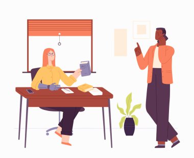 Disabled woman working at desk. Female character having hand prosthesis sitting at office. Man talking on phone. Diverse and inclusive job. Cartoon happy employees at workplace vector
