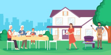 Family party with barbecue. Father grilling meat and vegetables, mother serving table on backyard. Son, grandfather and grandmother sitting at table and eating. Spending tome together vector