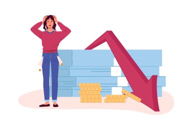 Financial crisis. Poor depressed woman standing near falling arrow and stack of banknotes showing market fall. Company bankruptcy, worker losing money, empty pockets. Crash of economy vector