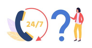 Online assistant. Customer service support. Woman standing with big question mark. Consulting or helping clients via phone call. Hotline with operator or agent for professional assistance vector