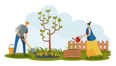 People characters working in garden. Man digging carrot with shovel, woman watering plants. Cartoon young couple growing harvest with vegetables together. Agriculture activities vector