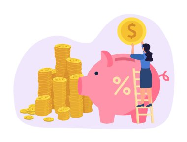 Save money investments. Woman standing on ladder putting coins into piggy bank. Stacks of money, female character depositing money account, getting income. Financial activities vector illustration