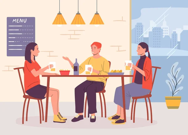 コーヒー休憩 カフェのテーブルに座っている女性と男性のキャラクター ビールを飲み 軽食を食べる人 友達とのコミュニケーションと昼食 残りのベクトルイラストを持つ大人のグループ — ストックベクタ