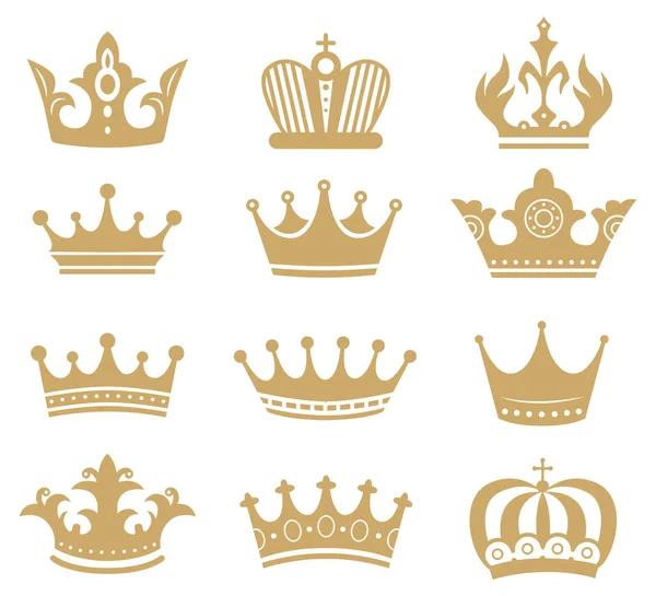 Gold Crown Silhouette Royal King Queen Elements Isolated White Monarch — Stock Vector