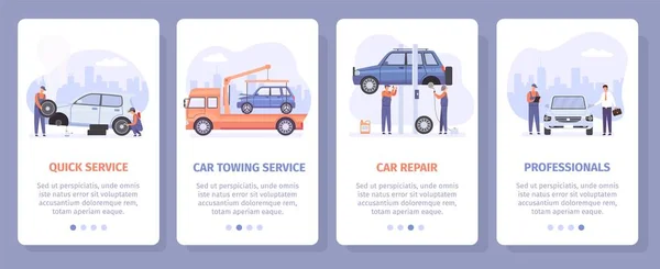 Screen Poster Automobile Mechanic Mobile App Vector Set Quick Car — Stock Vector