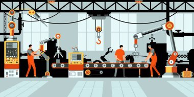 Factory assembly line. Industrial robotic arm conveyor belt machines engineer workers, automatic technology car manufacturing concept. Vector illustration of factory production process