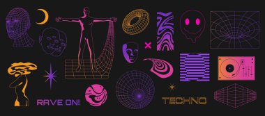 Rave set. Psychedelic acid trippy geometric shape with glitch stickers, retrofuturistic surreal distortion 80s 90s style. Vector collection of psychedelic graphic trippy, acid trendy rave illustration