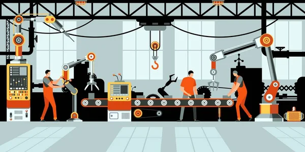 Factory Assembly Line Industrial Robotic Arm Conveyor Belt Machines Engineer — Stock Vector
