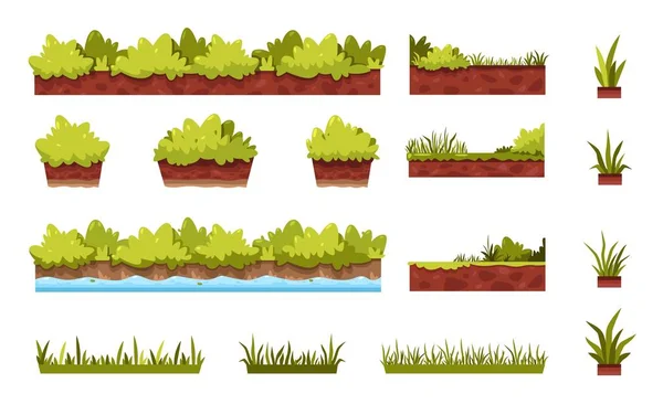 Kartun Rumput Aset Permainan Lingkungan Bunga Perbatasan Rumput Hijau Hedge - Stok Vektor