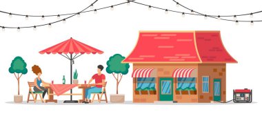 Restaurant with generator. Cartoon people characters sitting in cafe with portable alternator generating electrical power, electricity energy concept. Vector illustration of cafe coffee illustration
