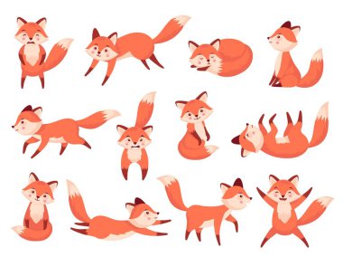 Cute fox. Cartoon red forest animals with various emotions, funny crafty carnivorous predators in different poses wildlife zoo concept. Vector flat set of fox mammal, wildlife cartoon illustration