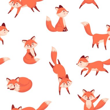 Cartoon fox pattern. Seamless print with cute forest animal characters in different poses for wrapping, wallpaper, fabric, endless background. Vector texture with fox animal character illustration
