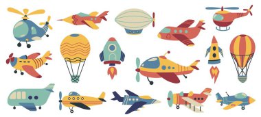 Cute aviation. Doodle colorful air transport, funny airplane helicopter hot air balloon rocket, childish toy aircraft cartoon. Vector isolated set of aviation transport for travel in sky illustration