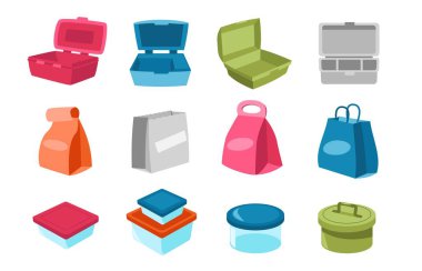 Lunchbox collection. Cartoon containers, disposable paper bags and plastic storage for snacks meal healthy daily food, lunch to go concept. Vector set empty lunchbox collection illustration clipart