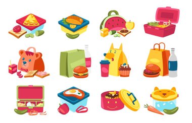 School lunchboxes. Cute plastic kid lunch box with homemade food, containers with snacks healthy children nutrition. Vector cartoon set of lunch school box illustration with snack and sandwich