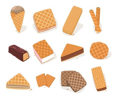 Waffle shapes. Cartoon wafer biscuits and cakes different forms, delicious sweet roasted snack, tasty crispy bakery food flat style. Vector isolated set of waffle biscuit illustration clipart