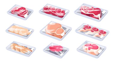 Cartoon meat pack. Frozen vacuum-packaged leg quaters sausages ham, tray with steaks pork beef lamb packed by transparent kitchen film. Vector set of food in plastic frozen illustration