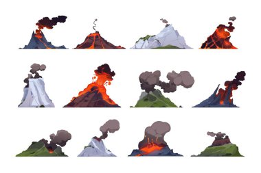 Volcano collection. Rock exploding with magma, smoke and ashes, volcanic mountains crater explosion with lava and dust, geothermal eruption. Vector set of mountain rock lava exploding illustration