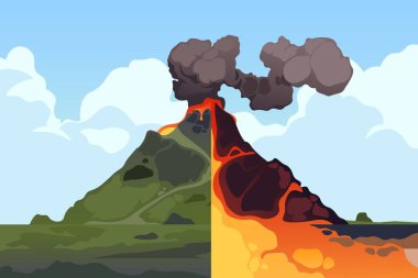 Volcano cross section. Volcanic mountain eruption cross-section scheme, earth crust structure with magma chamber, gases and crater lava. Vector infographic of volcano eruption and magma illustration