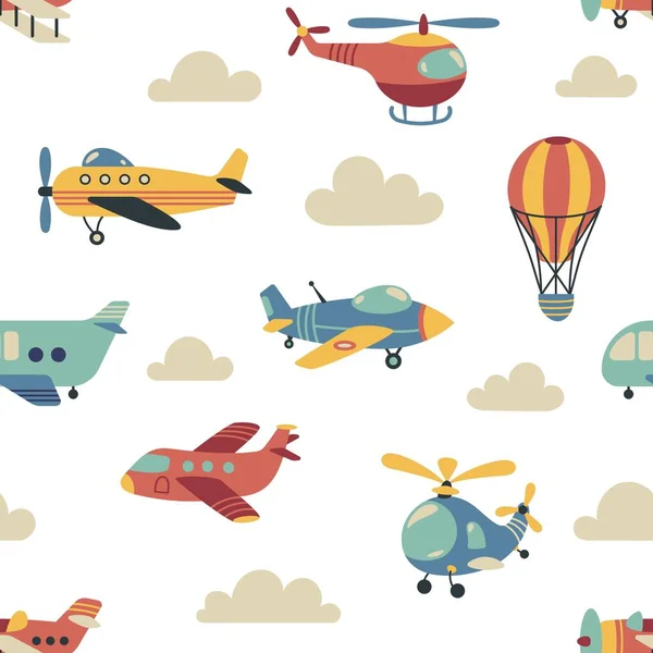 Baby air transport pattern. Seamless print of cute childish aviation, nursery wallpaper with doodle kid airplane helicopter transportation. Cartoon vector texture of sky air pattern illustration