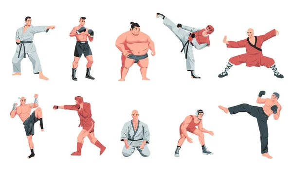 Martial Arts Fighters Cartoon Warrior Characters Sparring Training Uniform Fight —  Vetores de Stock