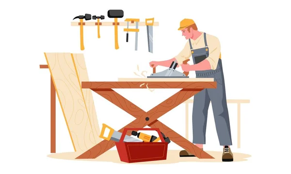 Warsztat Stolarski Cartoon Stolarz Postać Deska Drewniana Podejmowania Drewniane Meble — Wektor stockowy
