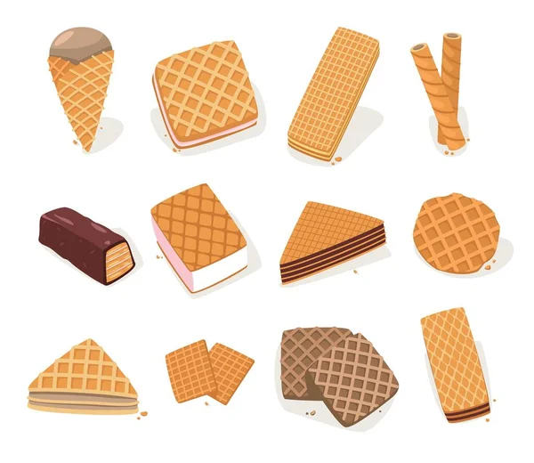 Waffle Shapes Cartoon Wafer Biscuits Cakes Different Forms Delicious Sweet — Stockvector