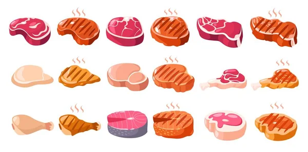 Meat Tenderloin Cartoon Sliced Butchery Steaks Barbecue Cooked Grilled Roasted — 图库矢量图片